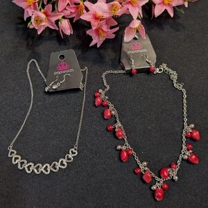 Two Necklace & Earring Sets Silver Sparkly Hearts & Red Beads NWT